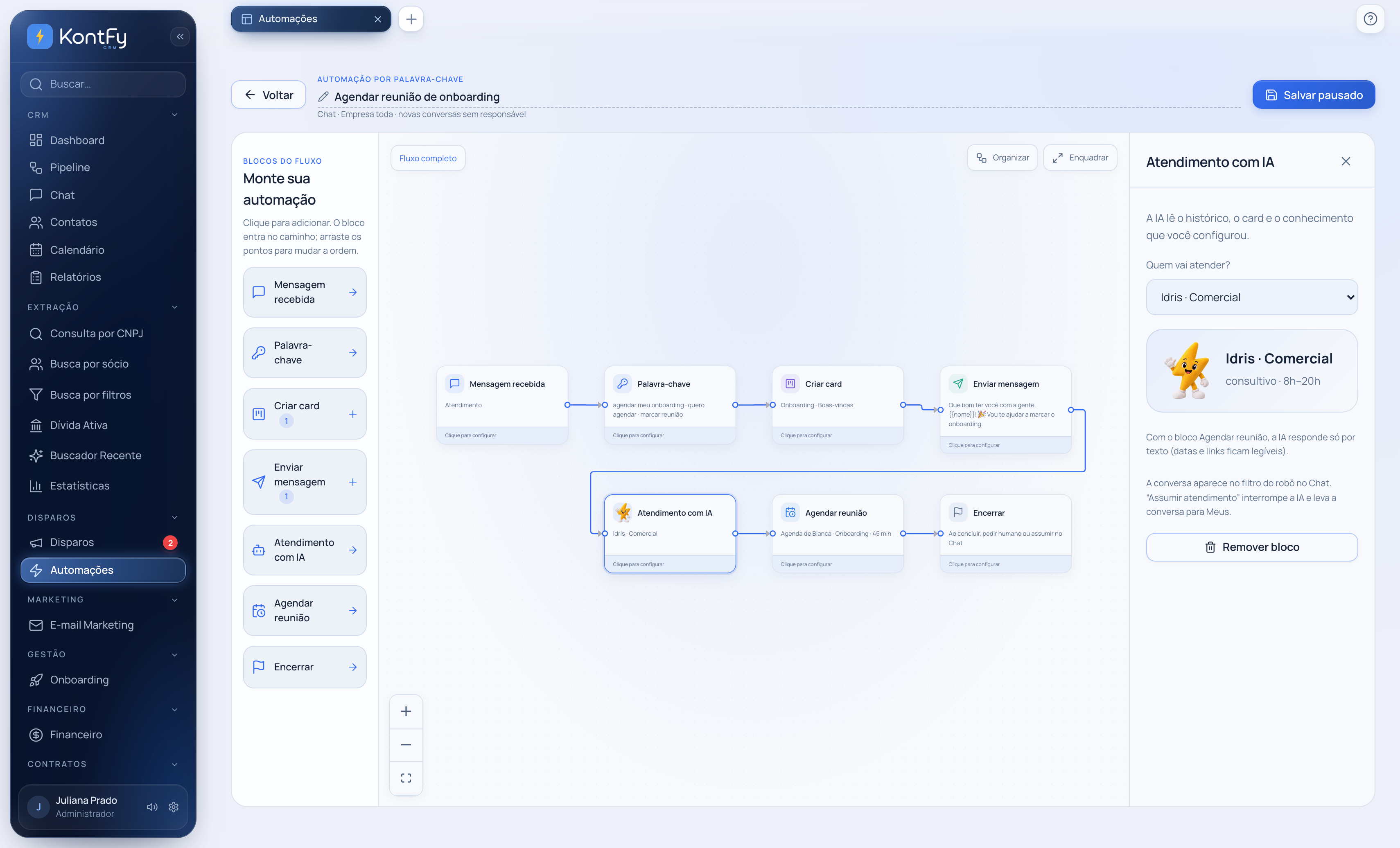 Tela real das Automações do KontFy: o editor de fluxo em blocos da automação de demonstração "Agendar reunião de onboarding", com palavra-chave, criação do card, mensagem, atendimento pelo agente de IA e agendamento da reunião.