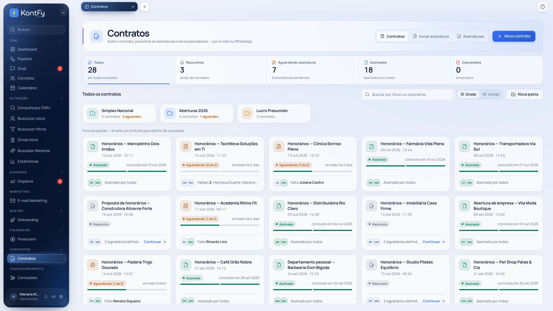 Tela real de contratos do KontFy, com documentos de demonstração em rascunho, aguardando assinatura e assinados.